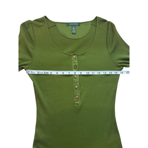 Ladies Medium Ralph Lauren olive green rib jersey dress button roll-tab sleeve - Picture 10 of 13
